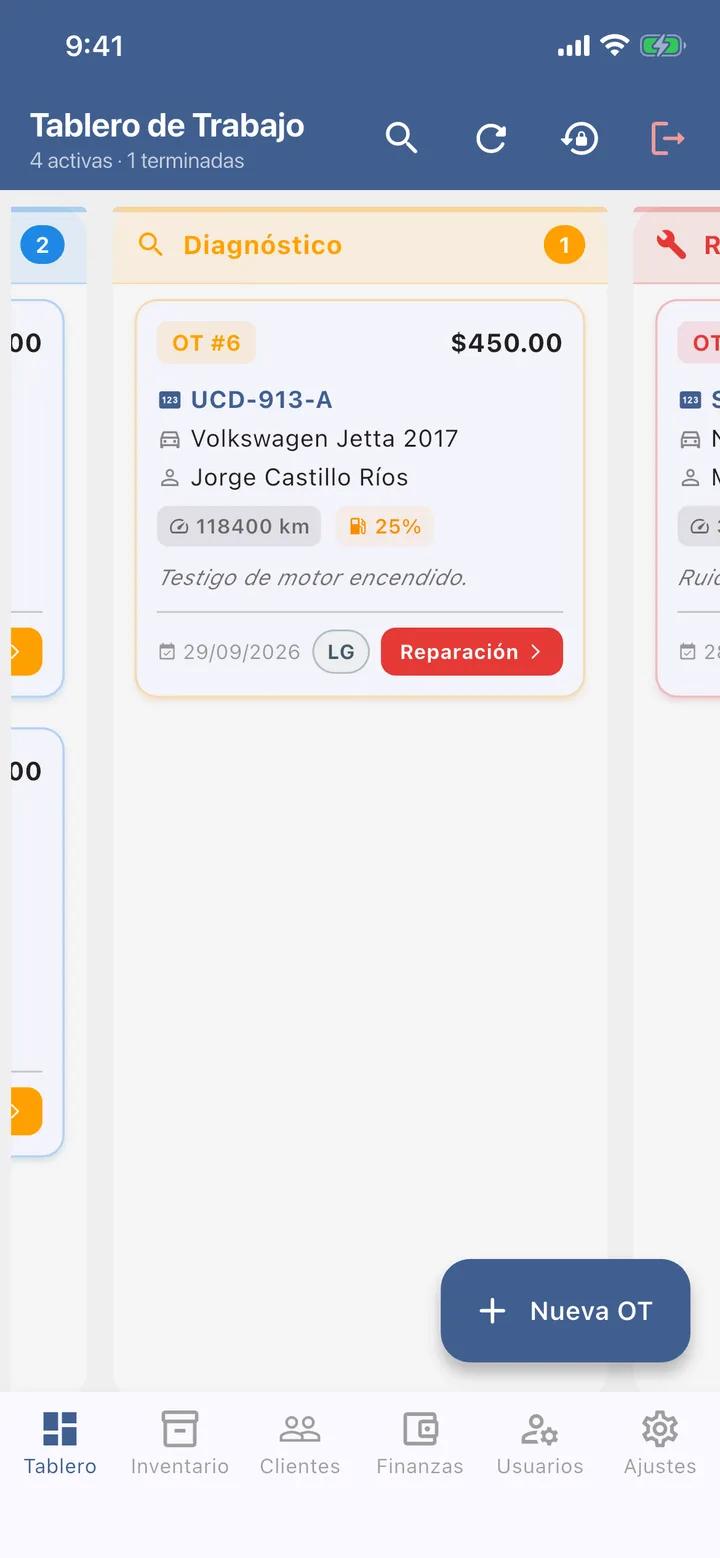 Tablero de trabajo, columna Diagnóstico con la OT #6.