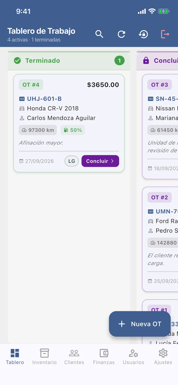 Tablero de trabajo, columna Terminado con la OT #4 lista para concluir.
