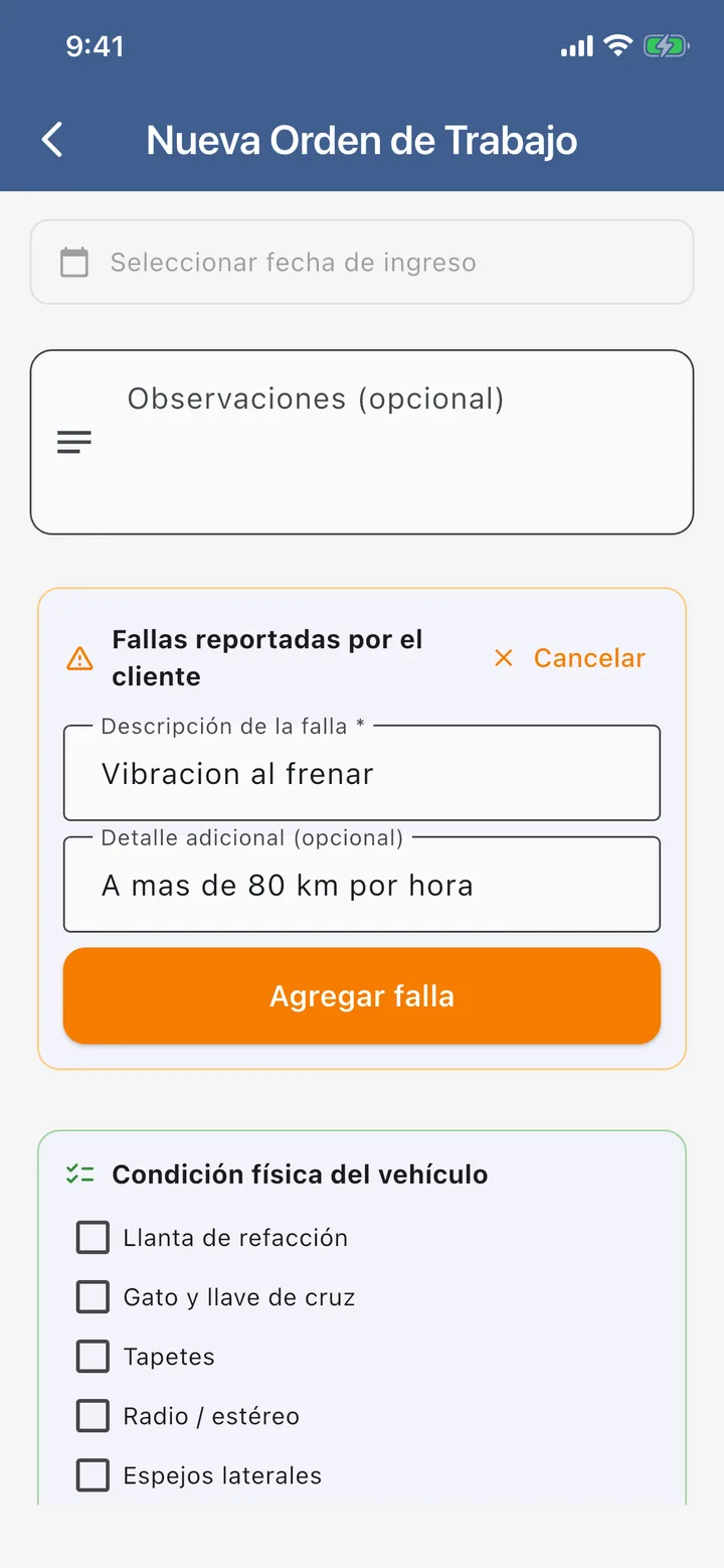 Fallas reportadas por el cliente («Vibración al frenar») y checklist de condición física del vehículo.
