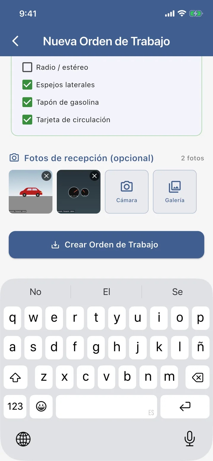 Fotos de recepción agregadas a la nueva orden, con botones de cámara y galería.