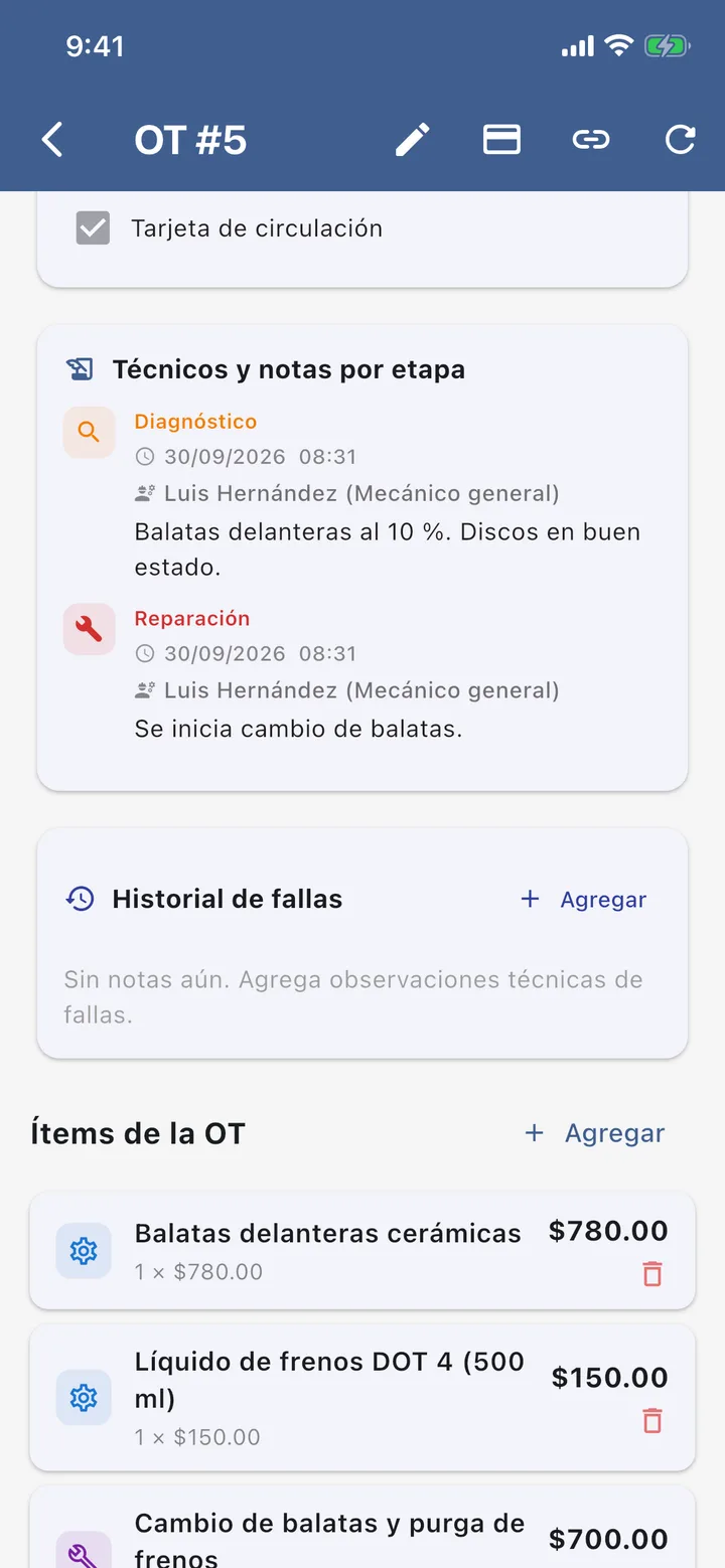 Técnicos y notas por etapa de la OT #5, con fecha, hora y nombre del mecánico.