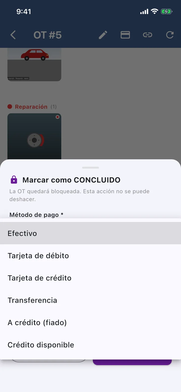 Marcar como concluido: efectivo, tarjeta de débito, tarjeta de crédito, transferencia o a crédito.