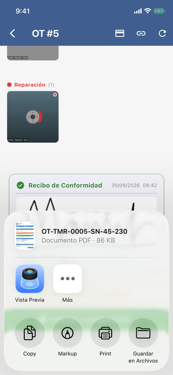 Compartir el PDF de la OT #5 desde el celular.