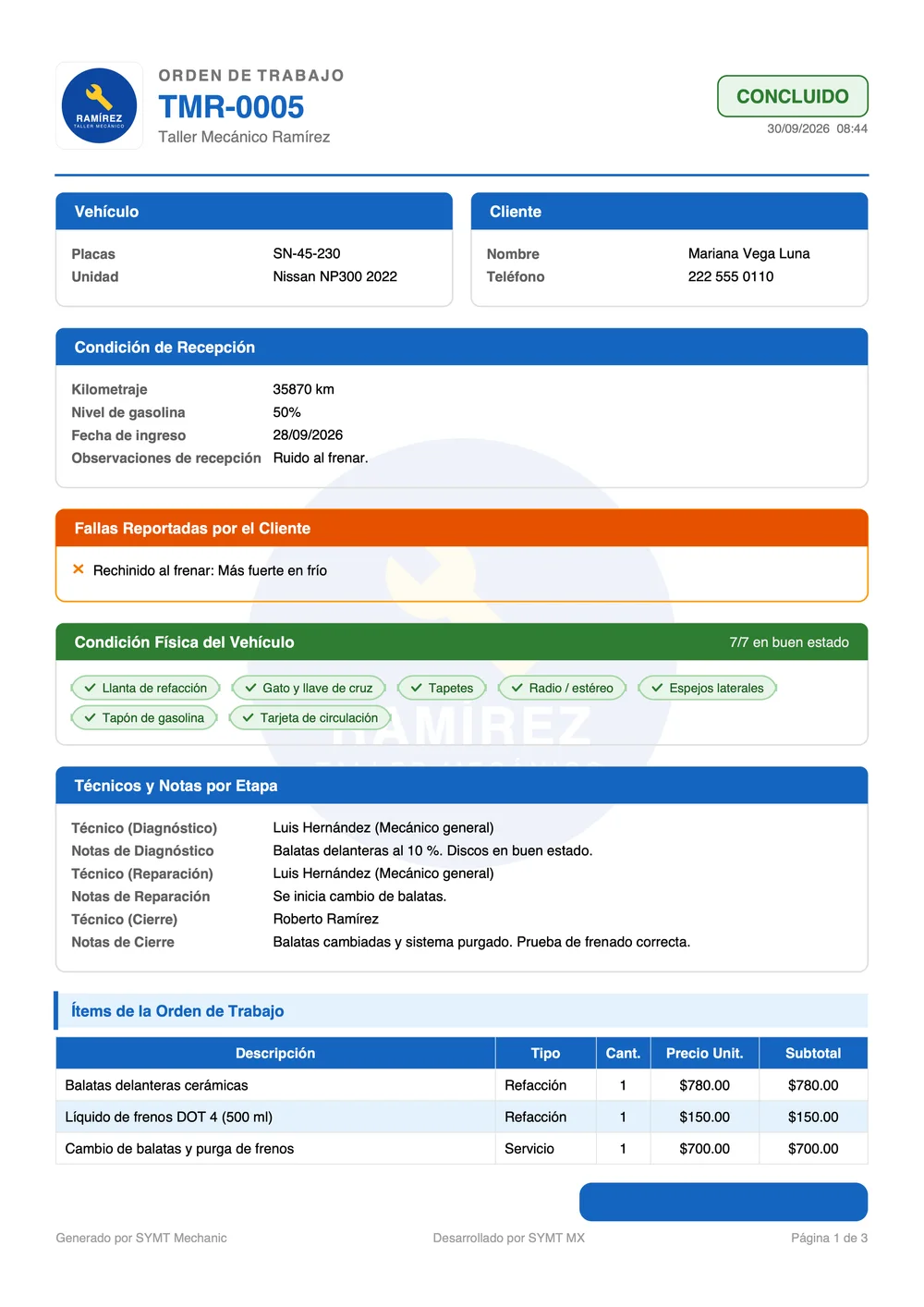 Página 1 del PDF de la orden TMR-0005 del Taller Mecánico Ramírez: vehículo, cliente, condición de recepción, fallas, checklist, técnicos y notas por etapa, e ítems con precios.