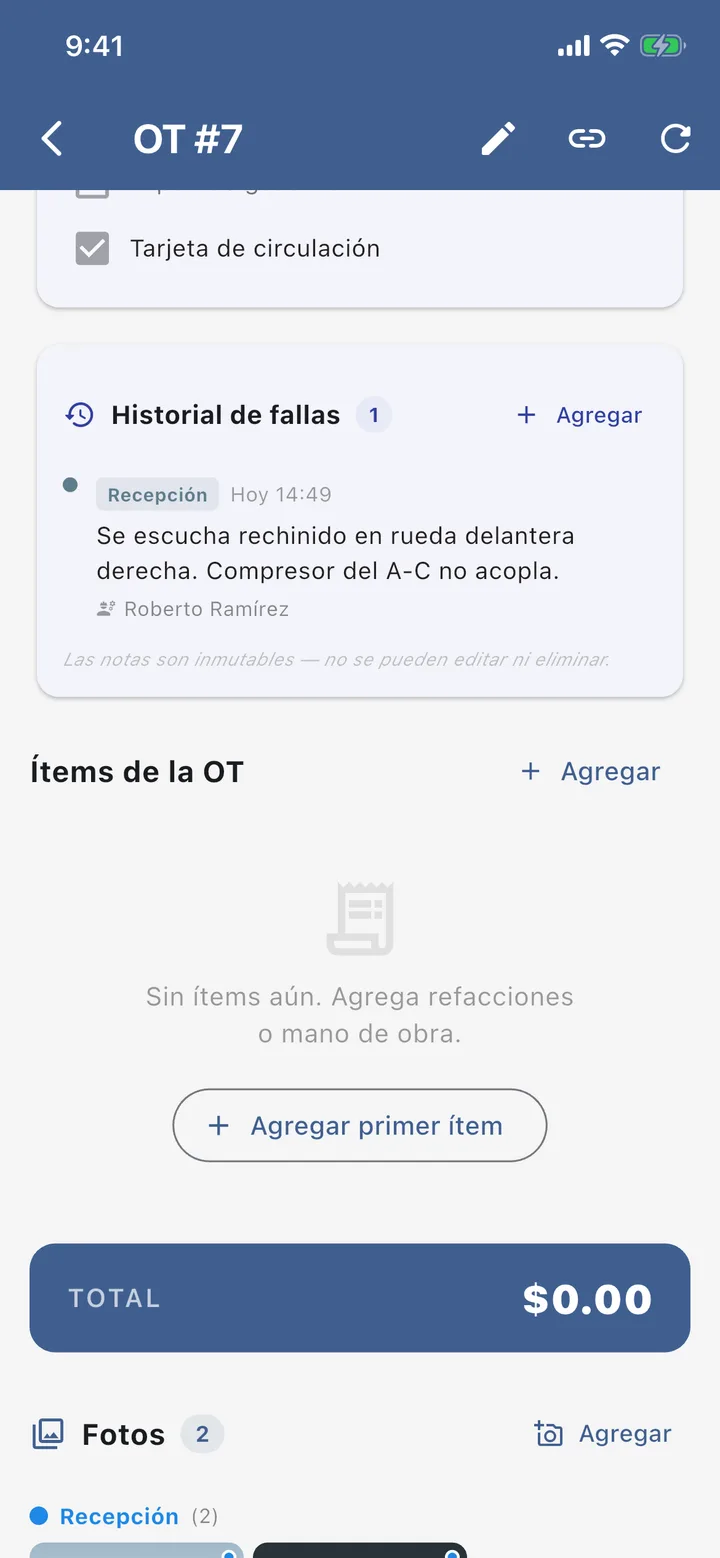 Historial de fallas con la nota guardada, su etapa, la hora y el nombre de quien la escribió.