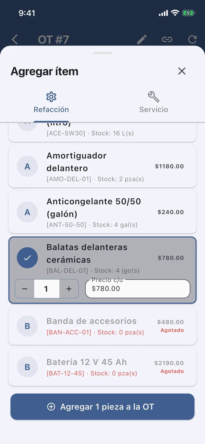 Agregar refacción a la OT #7: lista de piezas con su stock, algunas agotadas.