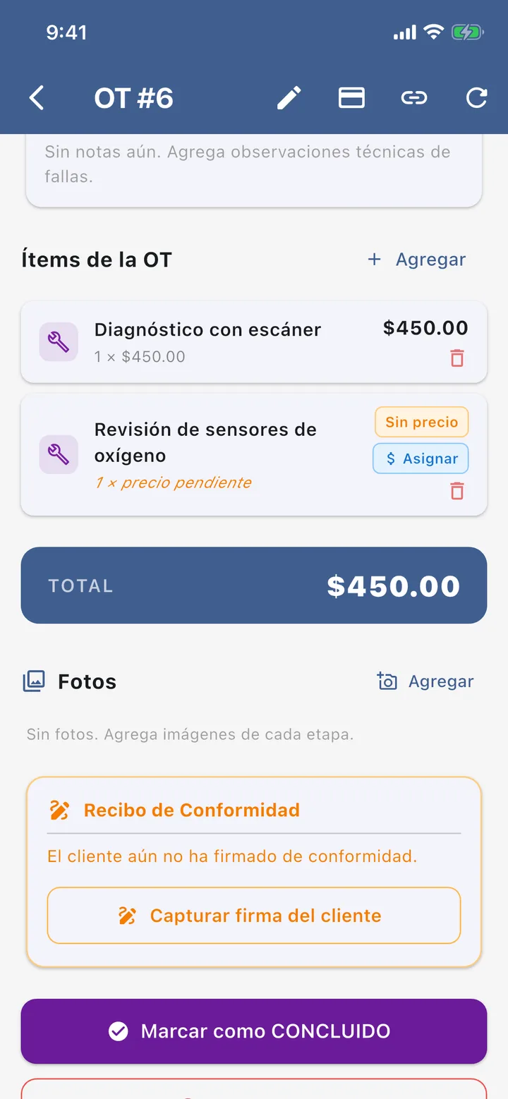 La misma OT #6 vista por el dueño: un servicio marcado «Sin precio» con el botón Asignar.
