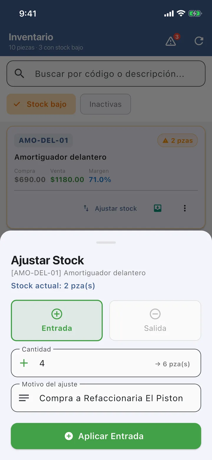 Ajustar stock: entrada de 4 piezas con motivo «Compra a Refaccionaria El Pistón».