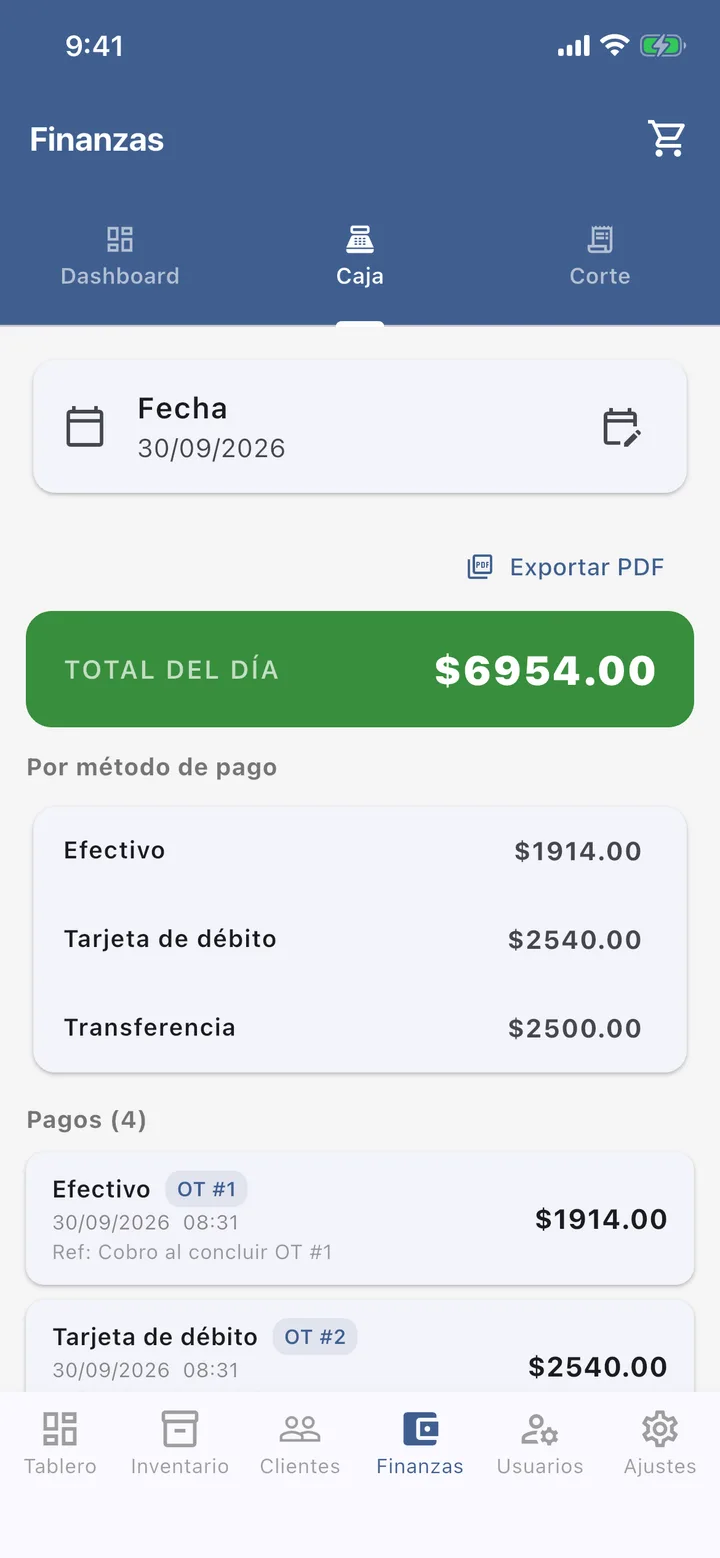 Caja del día con el total y el desglose por método de pago.