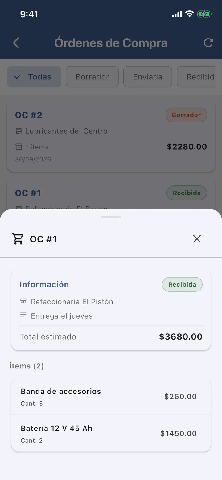 Orden de compra #1 a Refaccionaria El Pistón marcada como recibida.