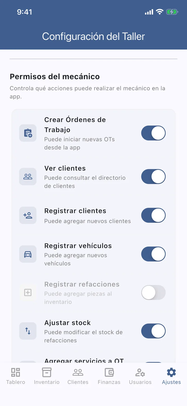 Configuración del taller: permisos del mecánico con interruptores.