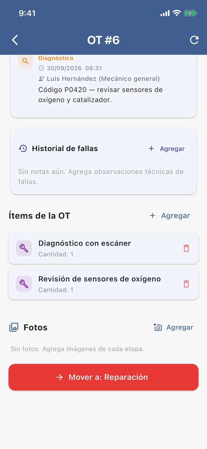 La OT #6 vista por el mecánico: servicios con cantidad, sin precios ni total.