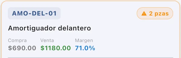 Refacción en la app: Amortiguador delantero, código AMO-DEL-01, 2 piezas en stock, con su precio de compra, de venta y margen.